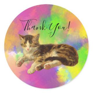 Cute Adorable Kitty Cat Thank You Abstract Rainbow Classic Round Sticker
