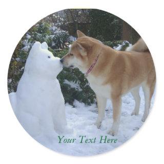 cute akita dog kissing snowman dog classic round sticker