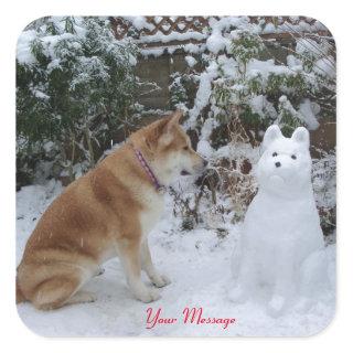 cute akita sitting with snowman in the snow dog square sticker