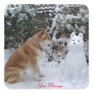 cute akita sitting with snowman in the snow dog square sticker