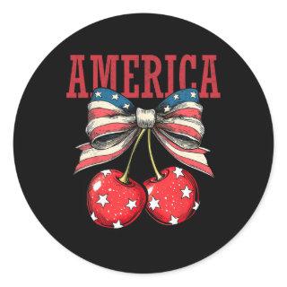Cute America Cherries Coquette Bow Funny Cherry 4t Classic Round Sticker