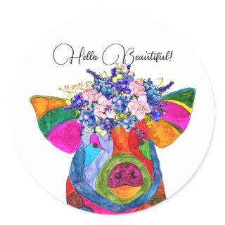 Cute and Colorful Floral Pig Round Stickers