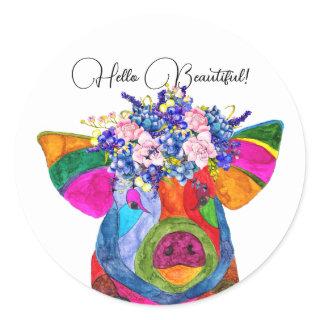 Cute and Colorful Floral Pig Round Stickers