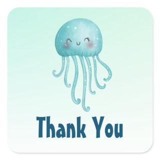 Cute and Fun Blue-Green Jellyfish Thank You Square Sticker