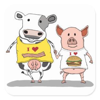 Cute and Funny Cow and Pig Friends Square Sticker