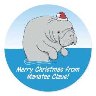 Cute and funny Manatee Claus Classic Round Sticker