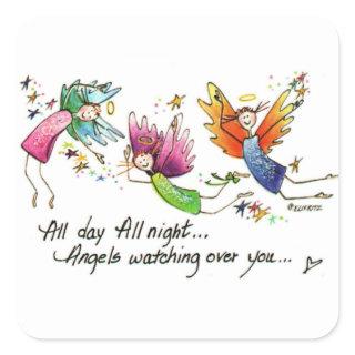 Cute Angels Flying Happily Watercolor Sketch  Square Sticker