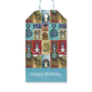 Cute Animal Collage Folk Art Design Happy Birthday Gift Tags