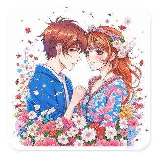 Cute Anime Couple Cuddling Square Sticker