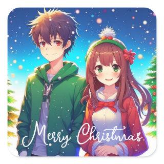 Cute Anime Couple | Merry Christmas  Square Sticker