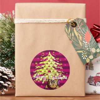 Cute Anime Leopard Under Lime Christmas Tree Classic Round Sticker