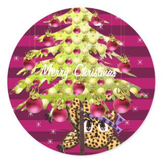 Cute Anime Leopard Under Lime Christmas Tree Classic Round Sticker