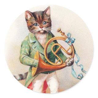 Cute Anthropomorphic Cat with French Horn Classic Round Sticker