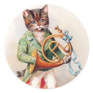 Cute Anthropomorphic Cat with French Horn Classic Round Sticker