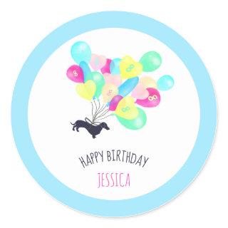 Cute Any Age Watercolor Balloon Dachshund Birthday Classic Round Sticker
