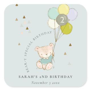 Cute Aqua Blue Bear Balloon Any Age Birthday Square Sticker