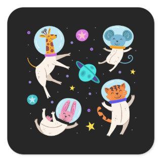 Cute Astronaut Animals Floating in Space Square Sticker
