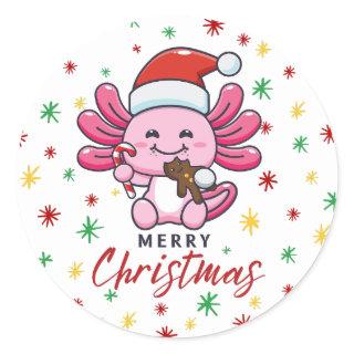 Cute Axolotl with Santa Hat Kawaii Style Classic Round Sticker