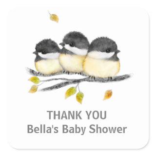 Cute Baby Bird 3 Chickadees on Tree Branch Square Sticker