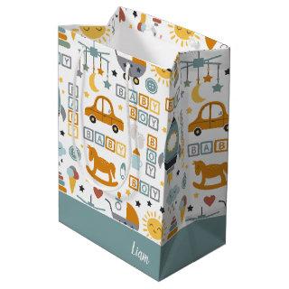 Cute Baby Boy Car Toy Pattern and Name Baby Shower Medium Gift Bag