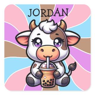 Cute Baby Cow Drinking Boba Kawaii Cartoon Square Sticker