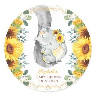 Cute Baby Elephant & Boho Rustic Sunflowers Classic Round Sticker