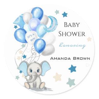 Cute Baby Elephant with Balloons Boy Baby Shower Classic Round Sticker