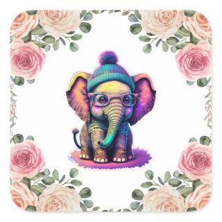 Cute Baby Elephant with Glasses and Beanie Square Sticker