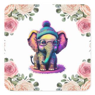 Cute Baby Elephant with Glasses and Beanie Square Sticker