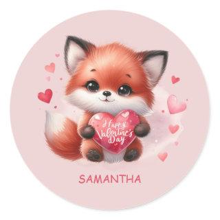 Cute Baby Fox Red Heart Pink Happy Valentines Day Classic Round Sticker