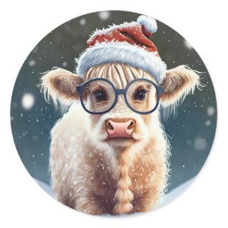 Cute baby Highland Cow In The Snow Classic Round Sticker