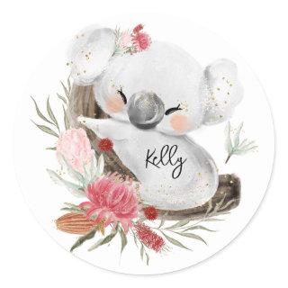 Cute Baby Koala Gold Speckle Custom Name    Classic Round Sticker