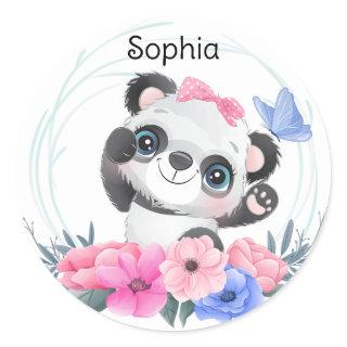 Cute Baby Panda Flower Wreath Custom Name       Classic Round Sticker
