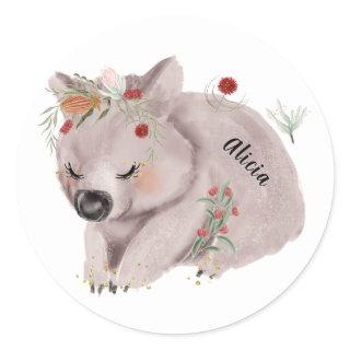 Cute Baby Wombat Gold Speckle Custom Name Classic Round Sticker