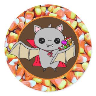 Cute Bat Holding Halloween Candy Classic Round Sticker