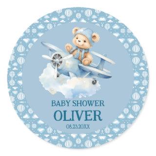 Cute Bear Blue Plane Time Flies One 1st Birthday Classic Round Sticker