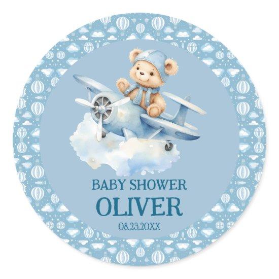 Cute Bear Blue Plane Time Flies One 1st Birthday Classic Round Sticker