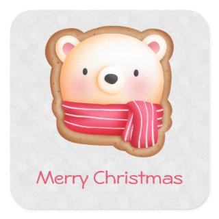 Cute Bear Face Red Scarf & Rosy Cheeks Christmas Square Sticker