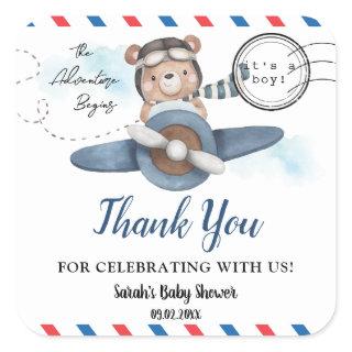 Cute Bear Plane Adventure Begins Boy Baby Shower  Square Sticker