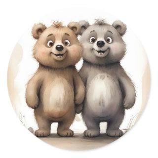 Cute Bear Siblings Best Friends Buddies Portrait Classic Round Sticker