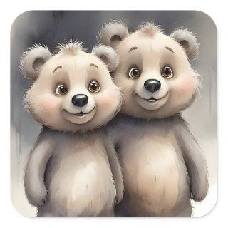 Cute Bear Siblings Best Friends Buddies Portrait Square Sticker