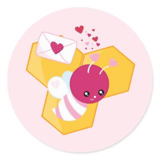 Cute Bee with Pink Valentine Hearts Classic Round Sticker