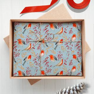 Cute Bird Blue Robin Winter Christmas Pattern Tissue Paper