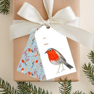 Cute bird red robin blue pattern Christmas holiday Gift Tags