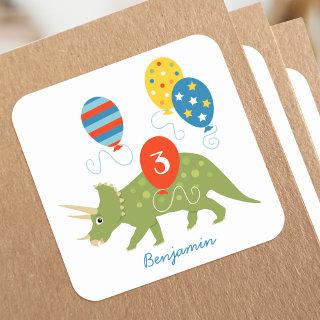 Cute Birthday Dinosaur Triceratops Custom Name Age Square Sticker