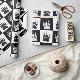 Cute Black Bear Paw Print Checkerboard Pattern