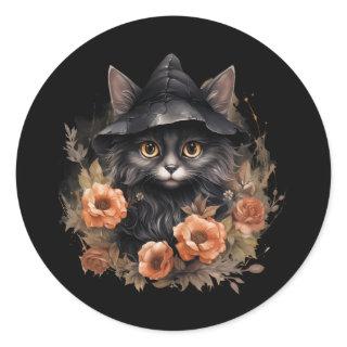 Cute Black Cat in a Witch's Hat Classic Round Sticker