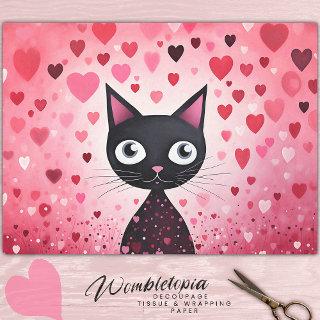 Cute Black Cat with Pink Hearts Decoupage  Tissue Paper