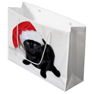 Cute Black Cat with Santa Hat Large Gift Bag