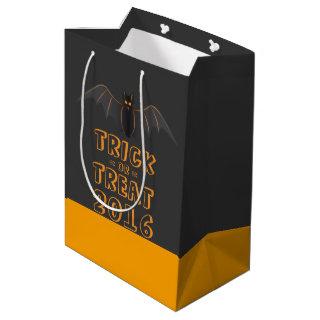 Cute Black & Orange Bat With Trick Or Treat Text Medium Gift Bag